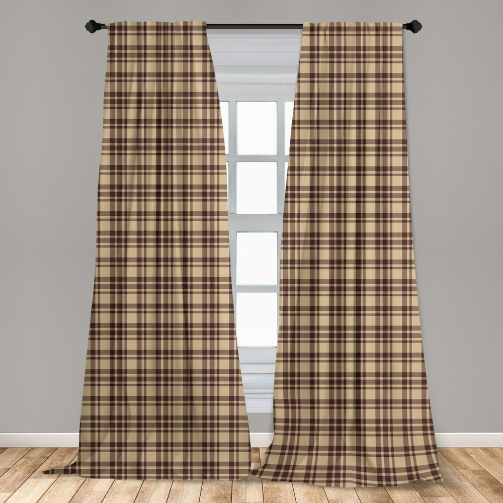 Tan and Brown Curtains 2 Panels Set, Old Fashioned Check Plaid Pattern