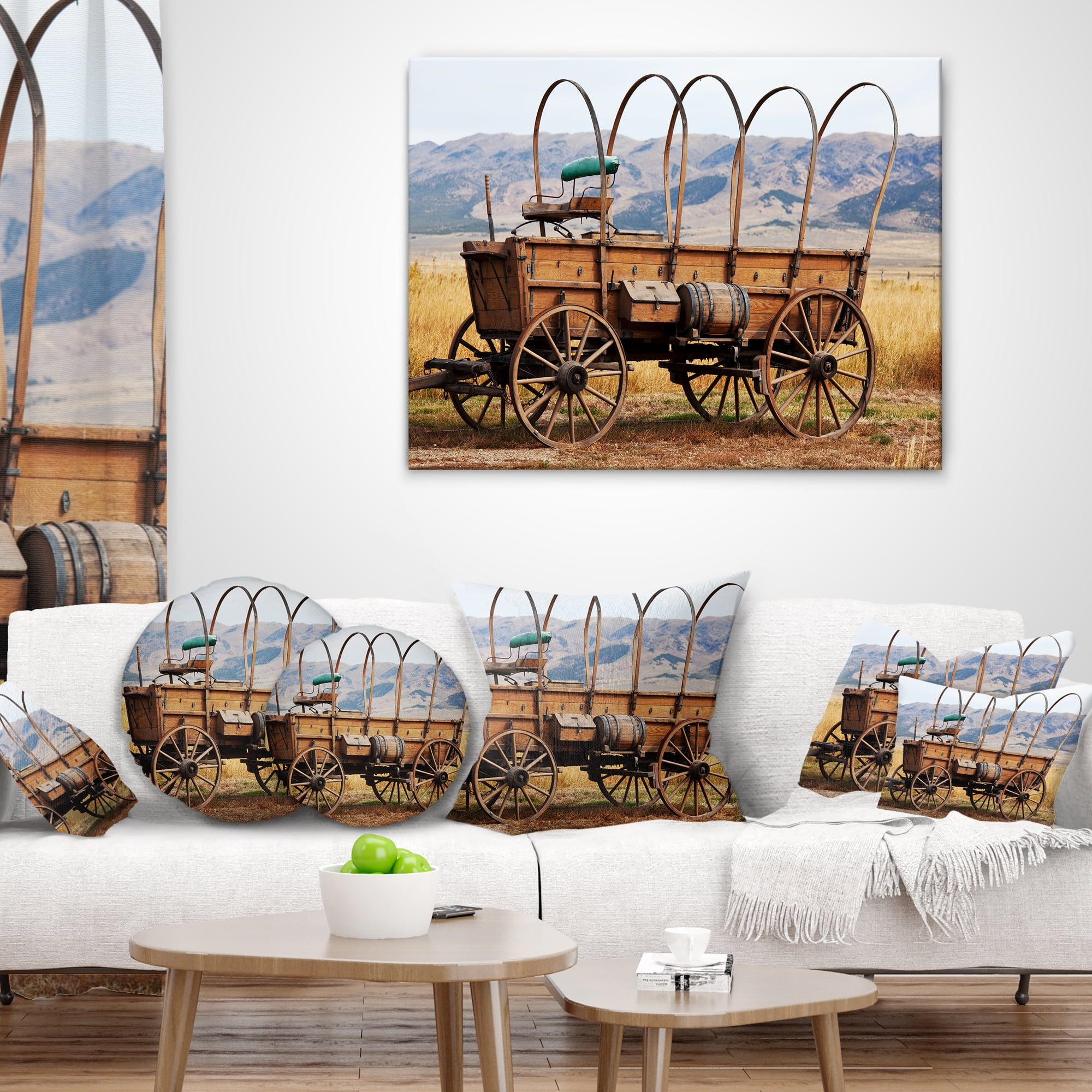 Designart Old American Cart in Grassland - Landscape Printed Throw Pillow - 16x16