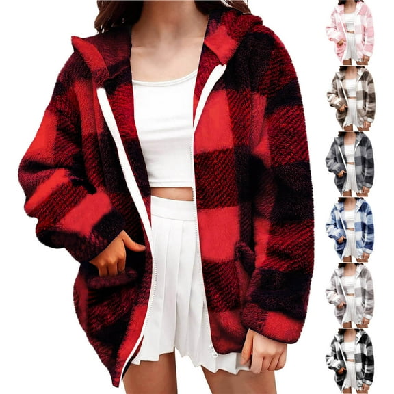 Brnmxoke Plaid Fleece Shacket Jacket Women Plus Size Fuzzy Flannel Zip Up Fall Hoodie Jackets with Pockets Casual Warm Winter Coats