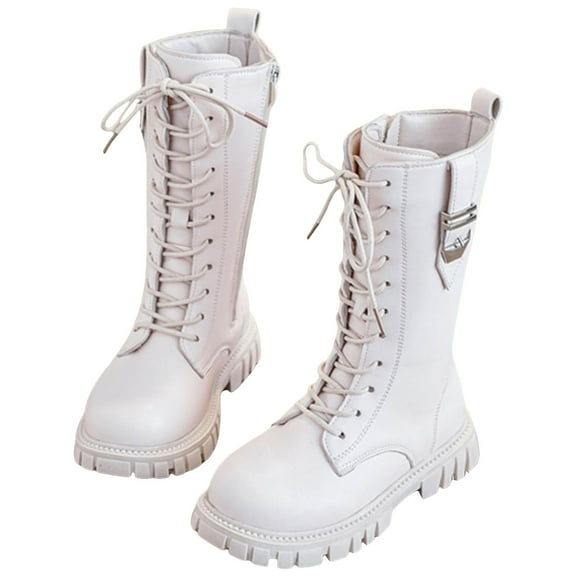 Girl's Waterproof Leather Lace up Zipper Knee High Mid Calf Combat Riding Boots Fall Winter Boots