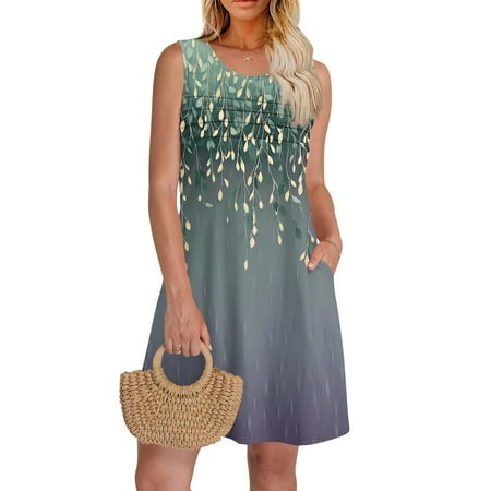 GXIPO Vacation Women Summer Dresses Sleeveless Sun Dress Pleated Front Swimsuit Coverup Cruise Dresses Boho with Pockets Green 2XL