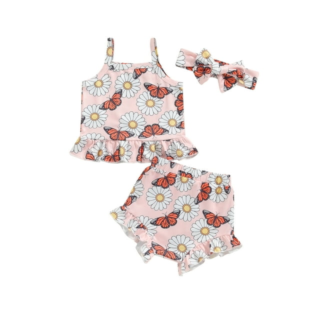 xiaxaixu Baby Girl Summer Outfits Floral Butterfly Print Square Neck Cami Tops with Ruffled Shorts and Bow Headband