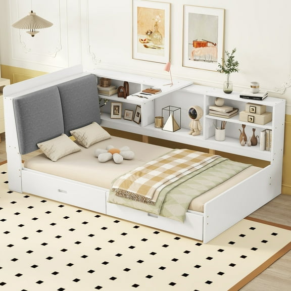 MODERNLUXE Wood Twin Size Platform Bed with Drawers and Shelves, Storage Daybed with Upholstery Headboard, White