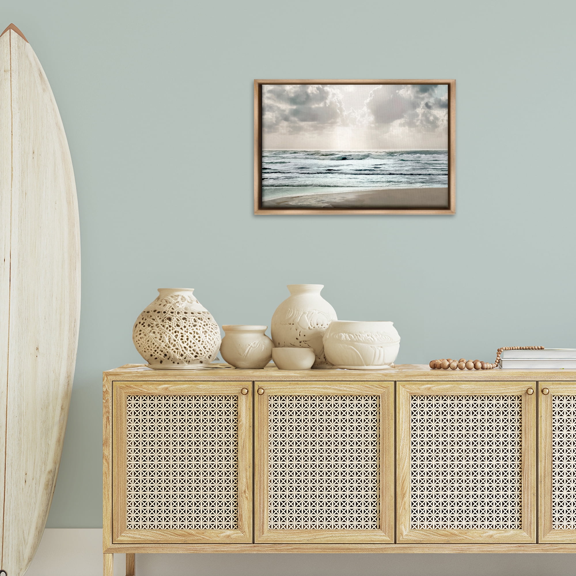 Stupell Industries Cloudy Sunlight Beach Landscape Photography Brown Floater Framed Canvas Art Print Wall Art, 25 x 17