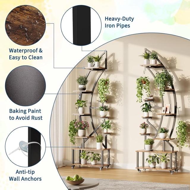 Support pour Plantes d'Intérieur avec Lumières de Croissance, Étagère Roulante en Métal à 6 Niveaux pour Plusieurs Plantes, Présentoir Demi-Lune