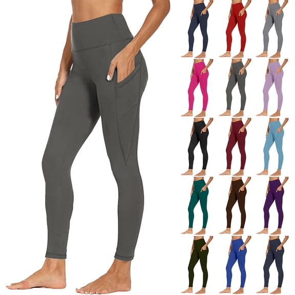 HKYNLAG Women's High Waisted Yoga Pants with Side Pockets Tummy Control Workout Leggings for Gym Running Blue L