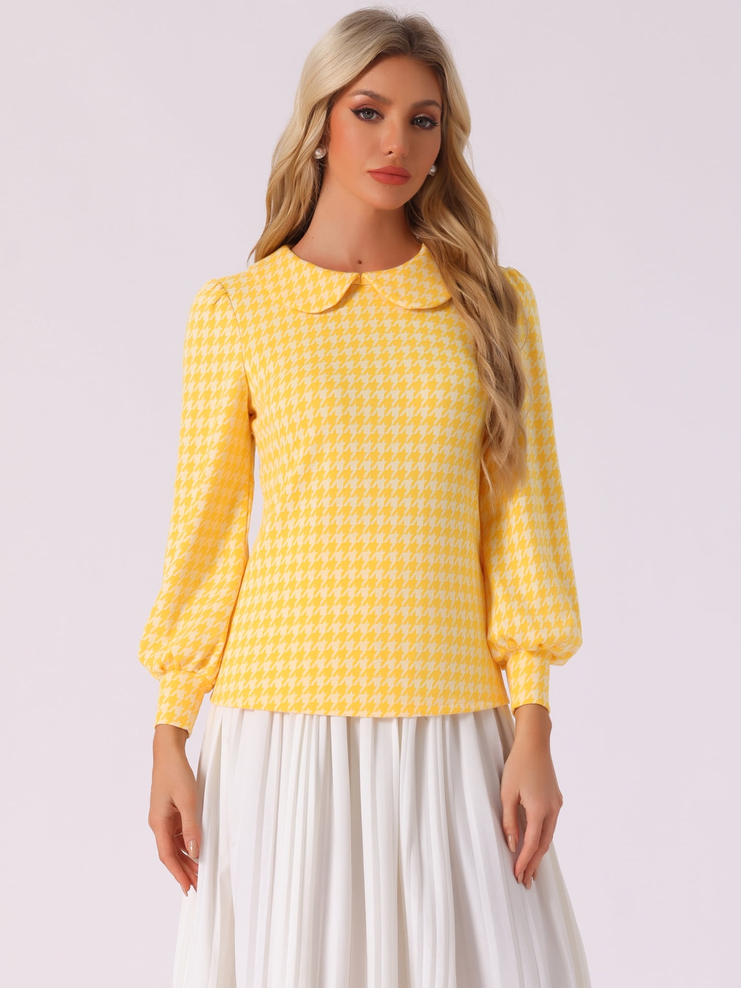 DARING DIVA Women's Peter Pan Collar Houndstooth Plaid Blouse S Yellow White