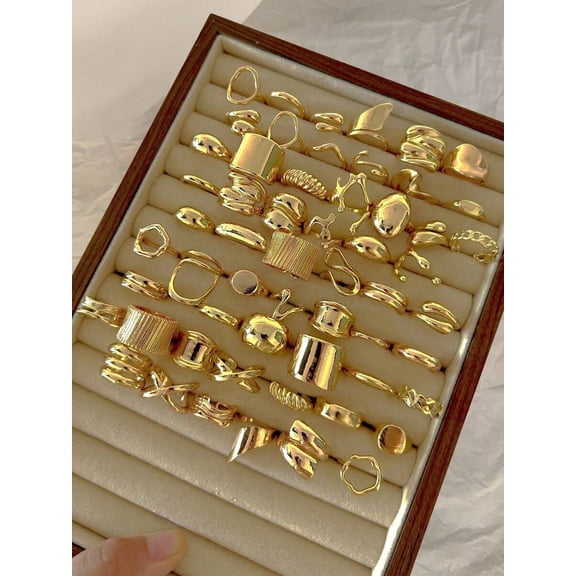 Yellow Gold Chunky Geometric Wide Band Ring Set 15 Pieces Fashion Jewelry