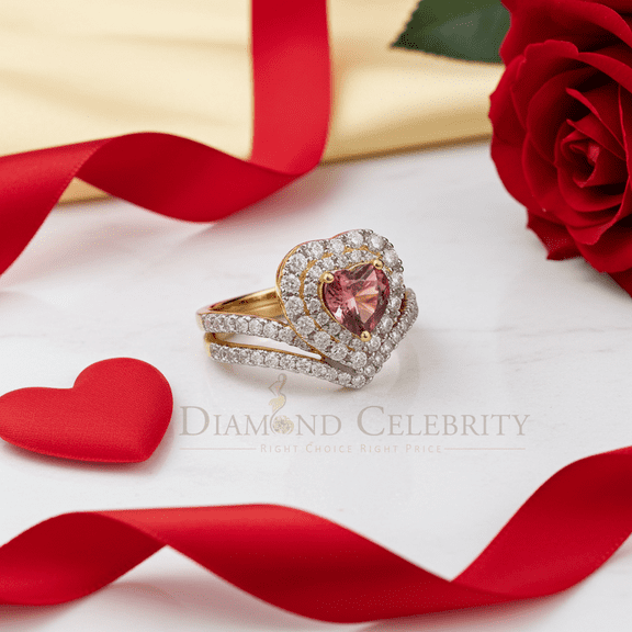 Diamond Celebrity's Women's 925 Silver Yellow VVS 'D'1.66CT Pink Moissanite Heart Bridal Ring SZ 7