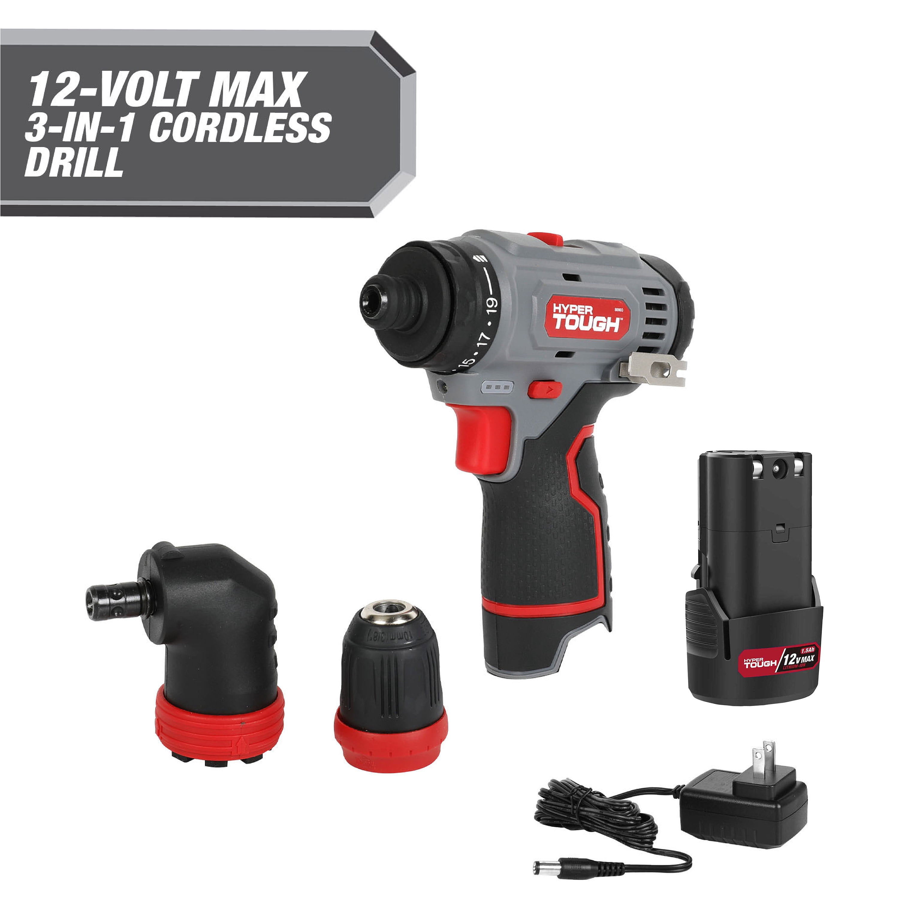 Hyper Tough 12V Max Lithium-Ion 3-in-1 Multi-Head Power Drill Set with 1.5Ah Battery and Charger