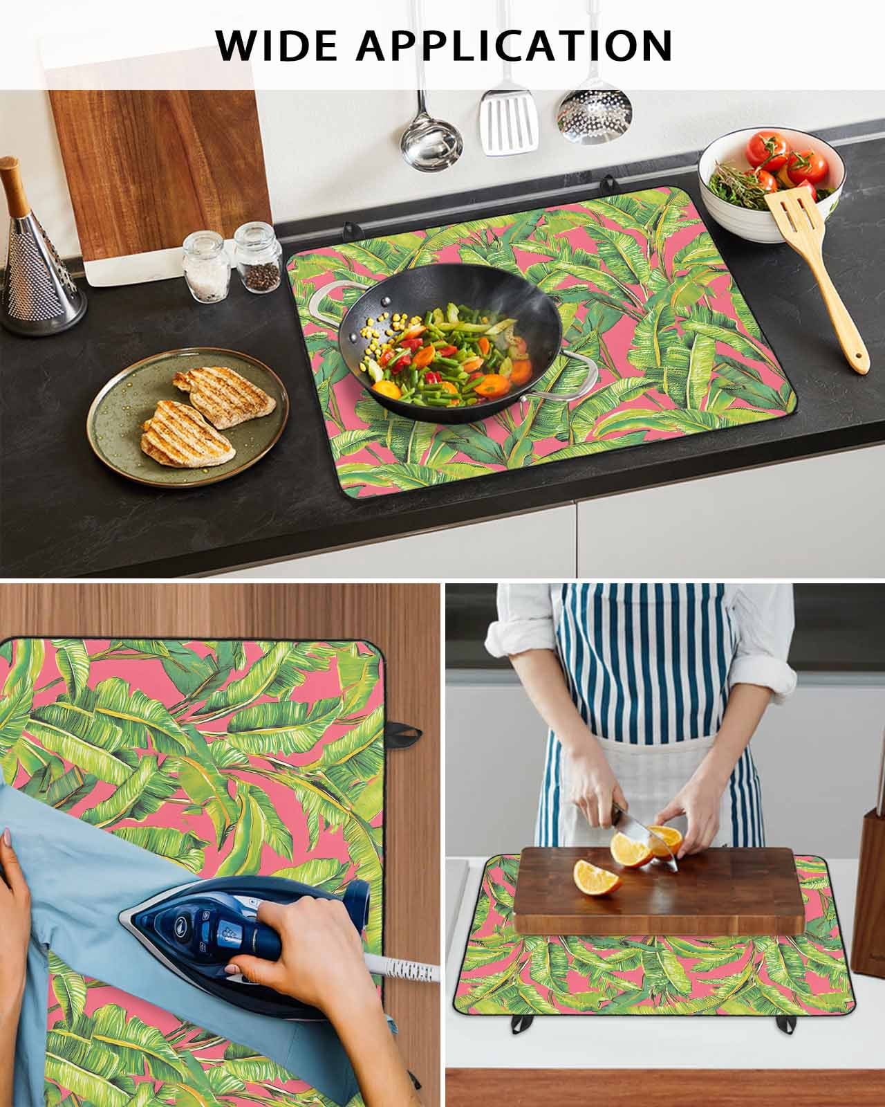 nqOlkjepod Large Induction Cooktop Protector Mat 36"x21", Green Tropical Leaves Stove Top Covers for Electric Stove, Summer Palm Botanical Pink Stove Burner Cover Mats, Glass Top Stove Cover