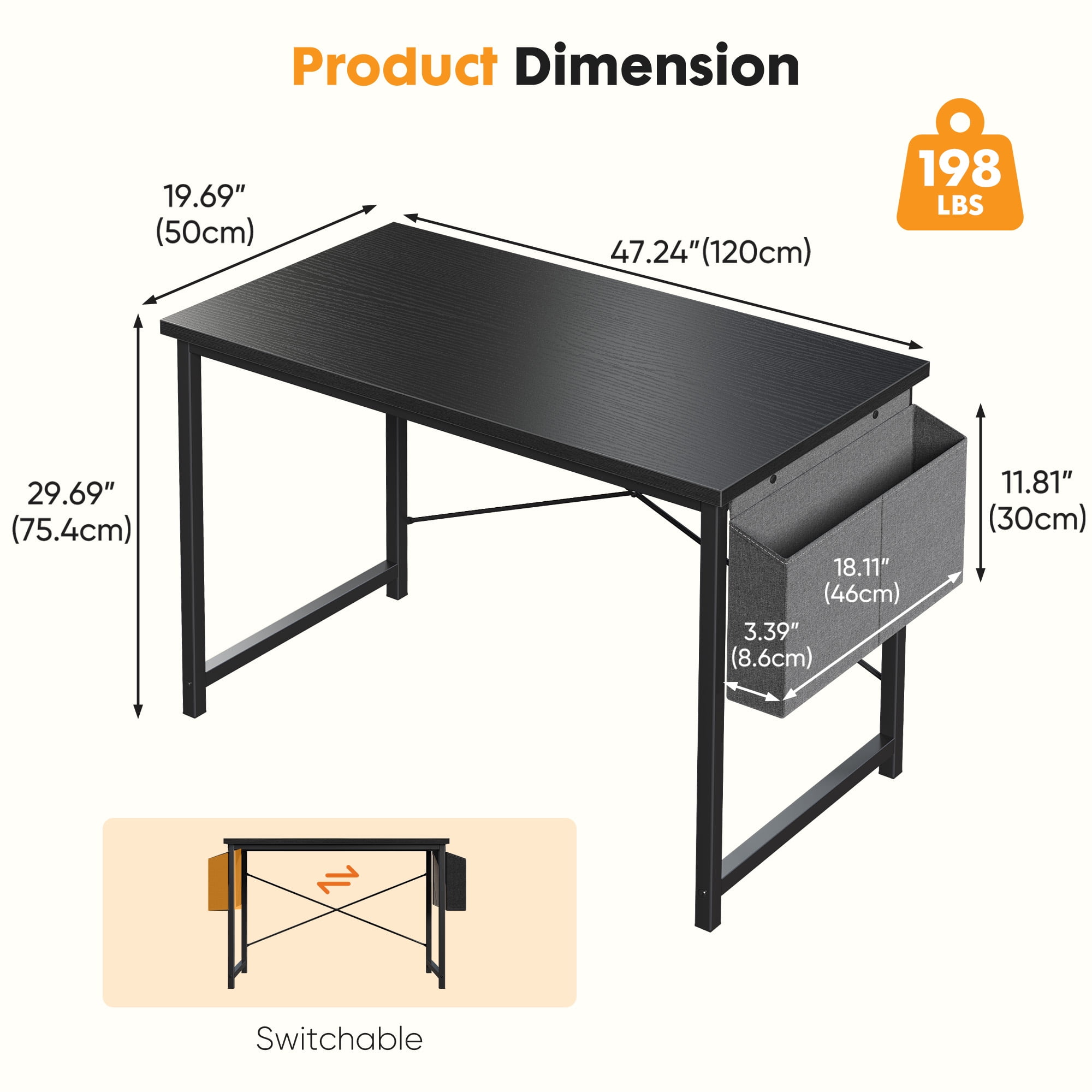 EDX 47" Computer Desk with Metal Frame, Scratch-Resistant Surface & Side Storage Bag – Modern Office Desk, Black
