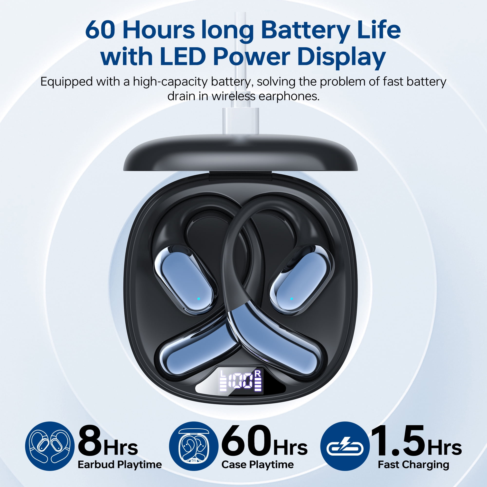 Open Ear Wireless Earbuds, Bluetooth 5.4 Wireless Earbuds, Hi-Fi Stereo over Ear Earphones with Earhooks, 60H Playtime & LED Digital Display, IPX7 Waterproof Earphones for Fitness, Cycling, Workout