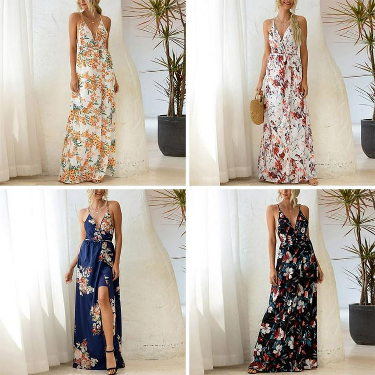 Women s Sexy Deep V Neck Dress Bohemia Style Backless Floral