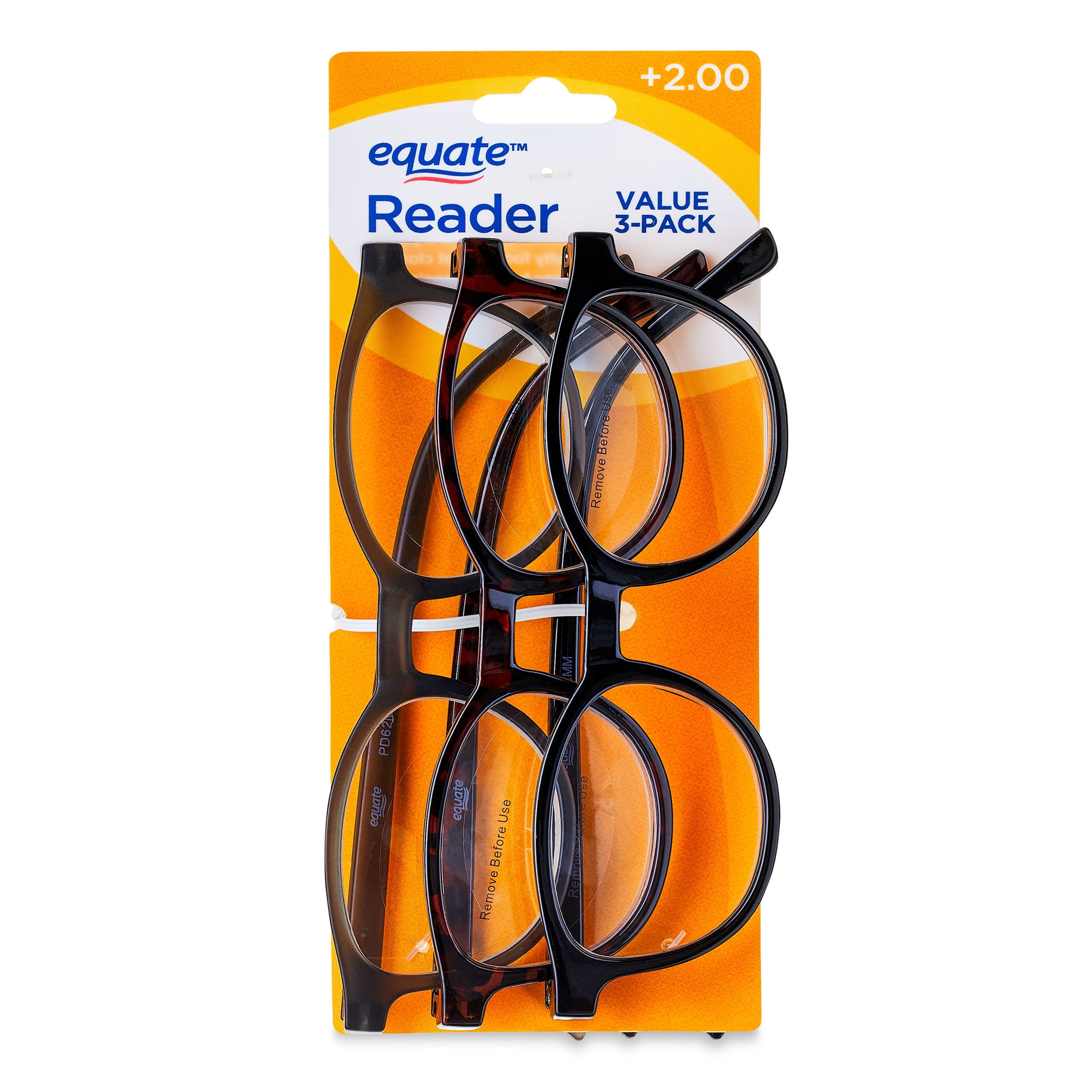 Equate Unisex Rectangular Reading Glasses, Gray/Black/Tortoise, +2.00, 3 Pack