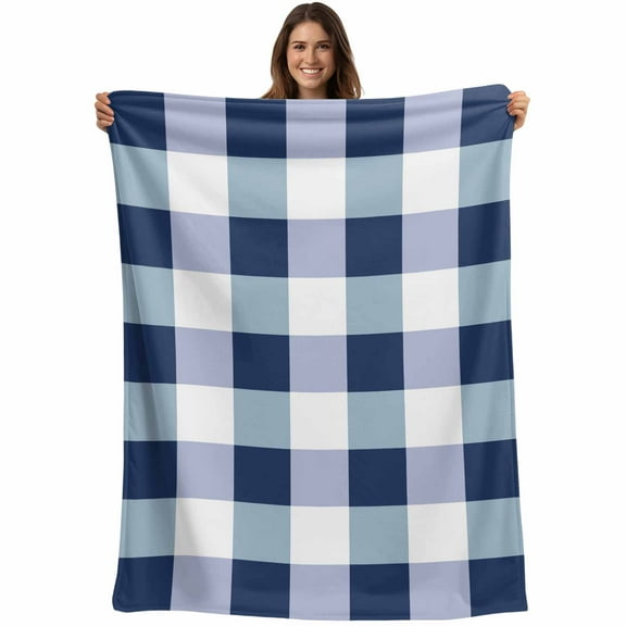 Navy Blue White Plaid Throw Blankets, Checkerd Pattern Soft Fleece Blanket Decorative for Home Sofa Couch Chair Living Bedroom, 40x50 inches,