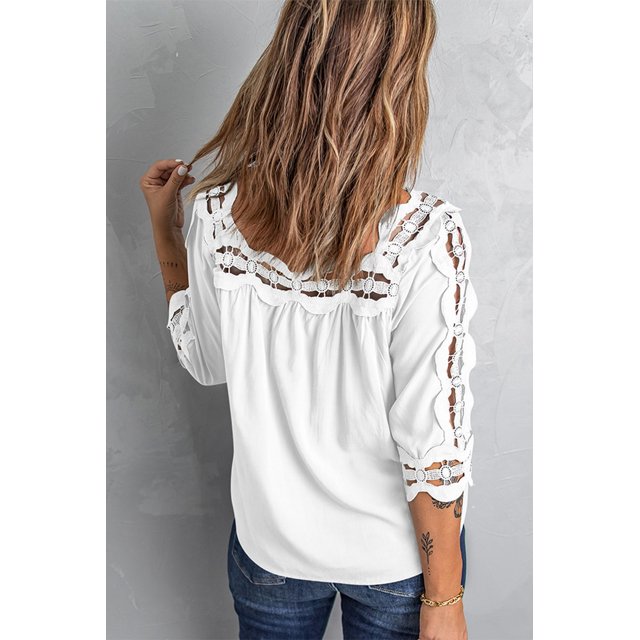 ABPHQTO Blusa Ahuecada Con Ribete De Ganchillo Verde Drak Verde Blanco De Mujer