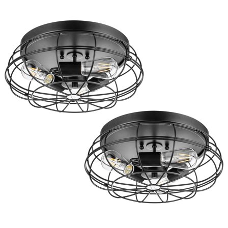 Prominence Home 2 Pack Lincoln Woods 15" Flush Ceiling Mount Light with Cage, Black