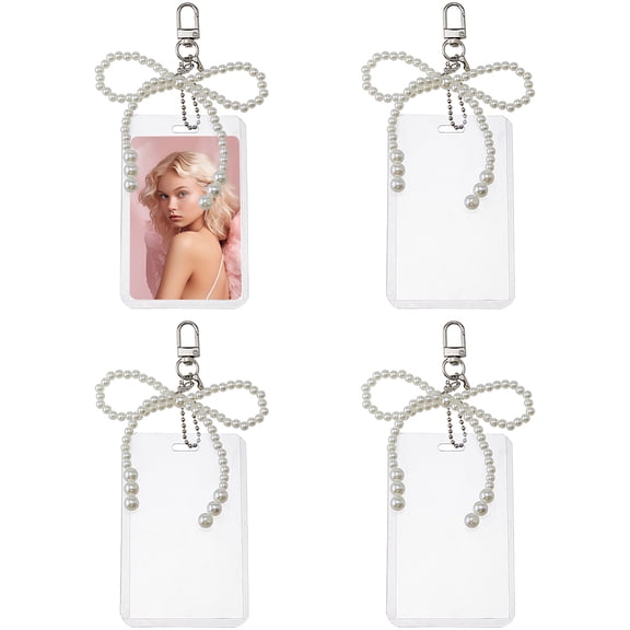 4Pcs Photocard Holder with Pearl Keychain Cute Badge Holders Plastic Photo Card Keychains Clear ID Cards Holder