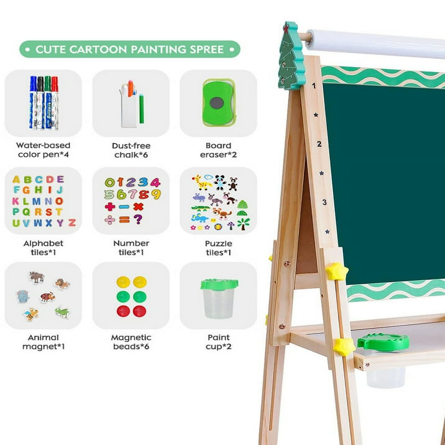 Ealing Kids Easel with Paper Roll Double-Sided Adjustable Standing Easel with Numbers &Other Accessories