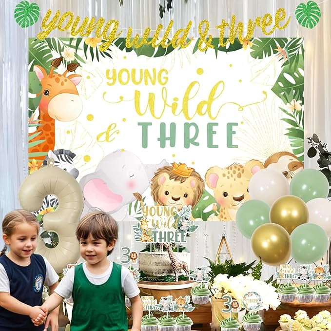 Young Wild And Three Decorations, Jungle Safari 3rd Birthday Decorations Backdrop Banner Jungle Animal Cake Cupcake Toppers Number 3 Foil Balloon for Boys 3rd Birthday Decor