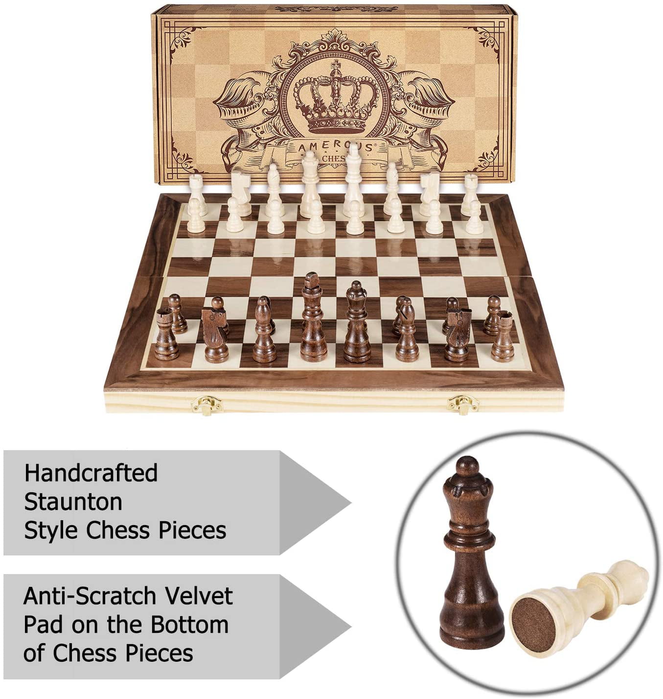 Handheld Style Chess Board Game Sets with Game Pieces Storage Slots Kids and Adults Gift Package 2 Extra Queens Chess for Beginner AMEROUS 15.6 inches Magnetic Wooden Chess Set 