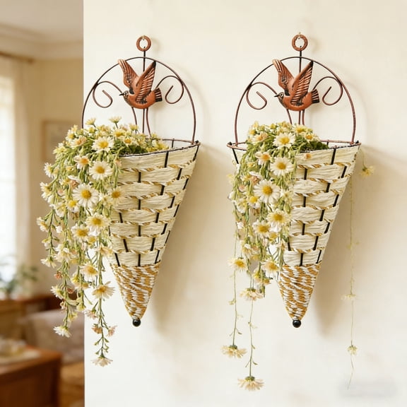 1Pcs Rattan Hanging Planter Basket, Farmhouse Cone Flower Pot Rustic Weave Herb Orchid Holder, Artificial Violet Flower Wall Basket for Garden Home Decoration