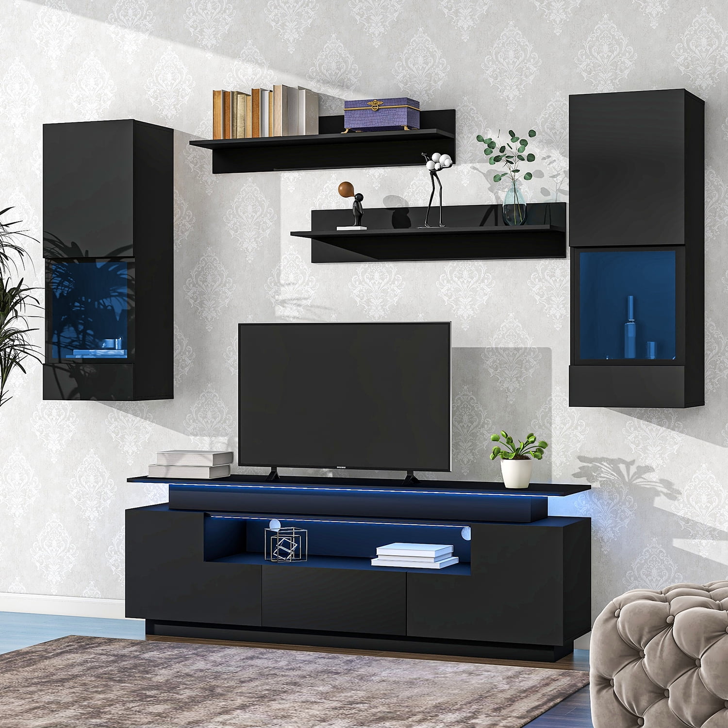 Kadyn 5 Pieces Floating TV Cabinet Set, High Gloss Wall Mounted Entertainment Center with 16-color LED Light, TV Stand Console for 75+ inch TV, Black Kadyn 5 Pieces Floating TV Cabinet Set, High Gloss Wall Mounted Entertainment Center with 16-color LED Light, TV Stand Console for 75+ inch TV, Black
