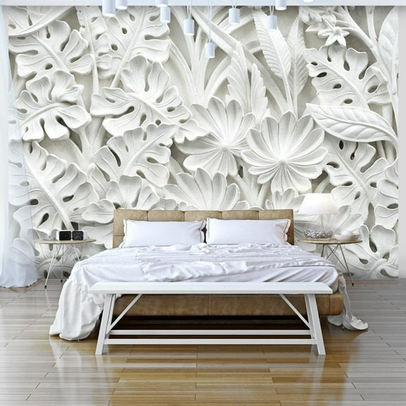 Tiptophomedecor Peel and Stick Floral Wallpaper Wall Mural - White 3D Botanical Garden - Removable Wall Decals