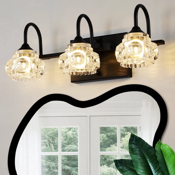 GCGAFUL 17 in. 3-Light Matte Black Modern Bathroom Vanity Light with Crystal Glass Shades