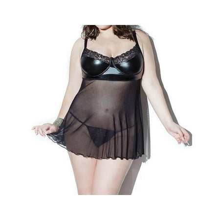 Look Chemise - JenniWears Women's Wet Look Underwire Cups Mesh Babydoll Chemise and G-string