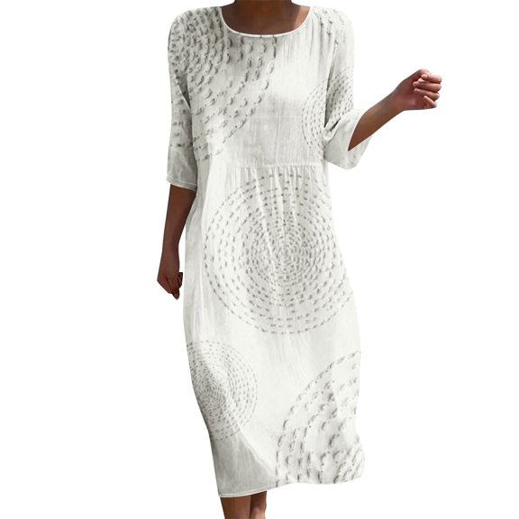 Ohufall Women Dress Printed 3/4 Sleeve Crew Neck Maxi Dress Lightweight Vacation Fashion Casual Dresses
