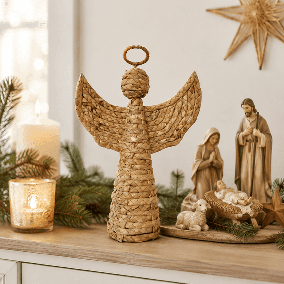 Vallivelle Handwoven Water Hyacinth Angel Christmas Decor - 13.4" Woven Rattan Angel Religious Tabletop Figurine for Nativity Scene, Mantel, Shelf and Farmhouse Christmas Decorations Indoor Display A