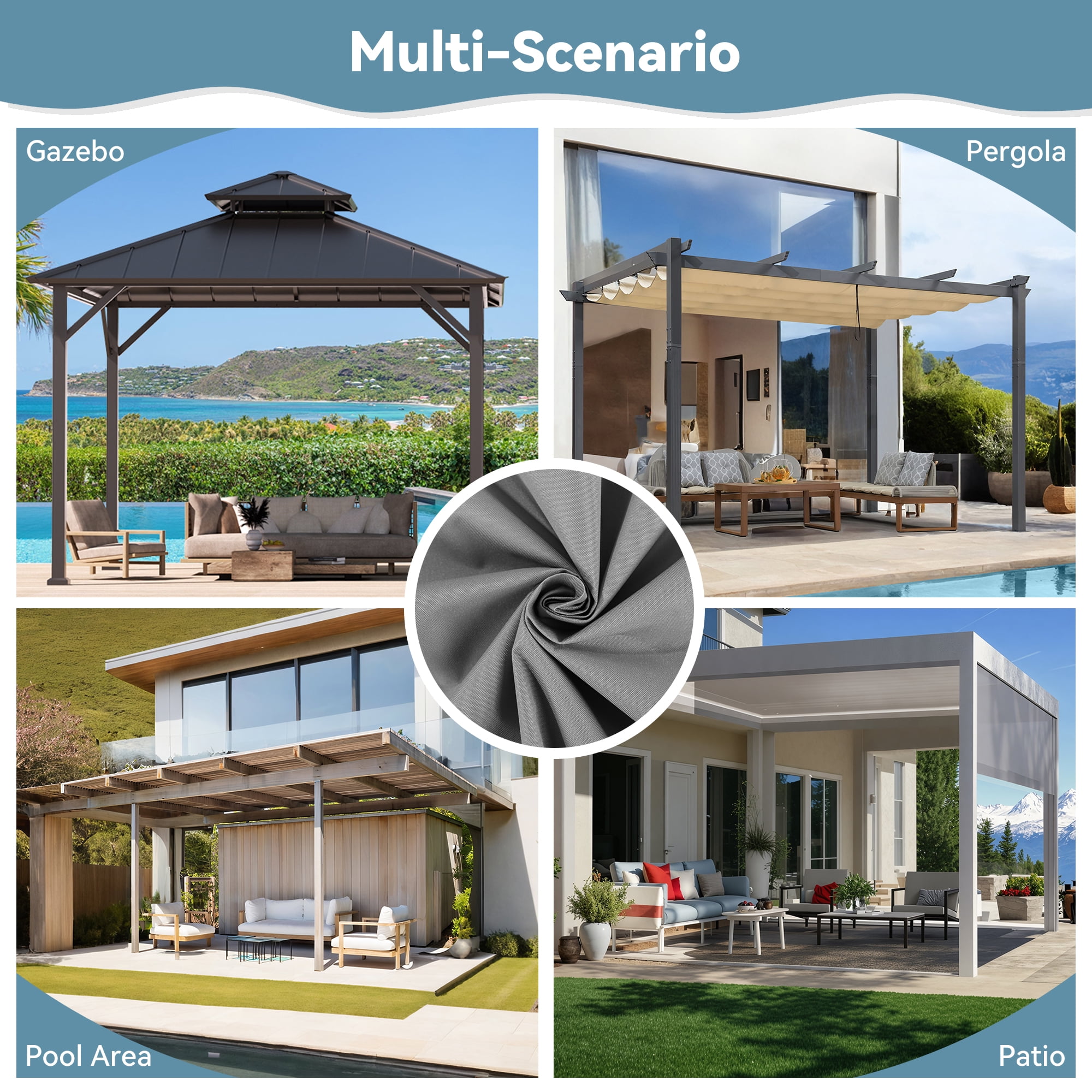 Covered Outdoor Universal 10'x12' Gazebo Curtain Replacement 4 Panel Zippered Grey Sidewalls