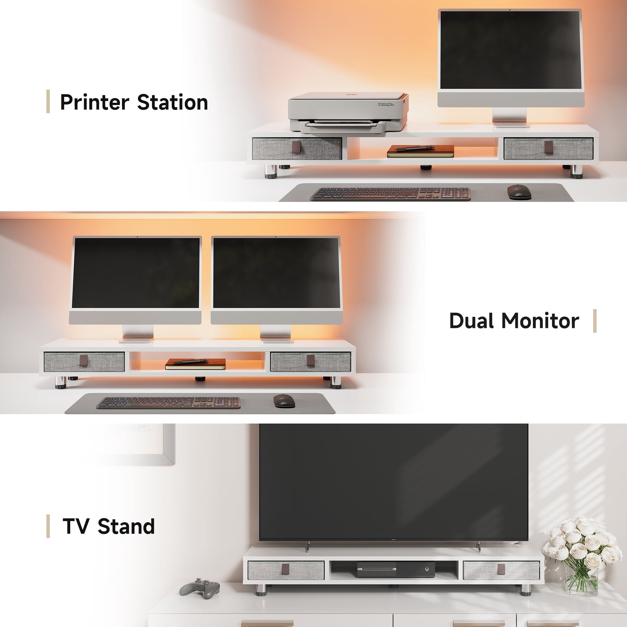 Fenge Monitor Stand, Dual Monitor Stand with 2 Drawers