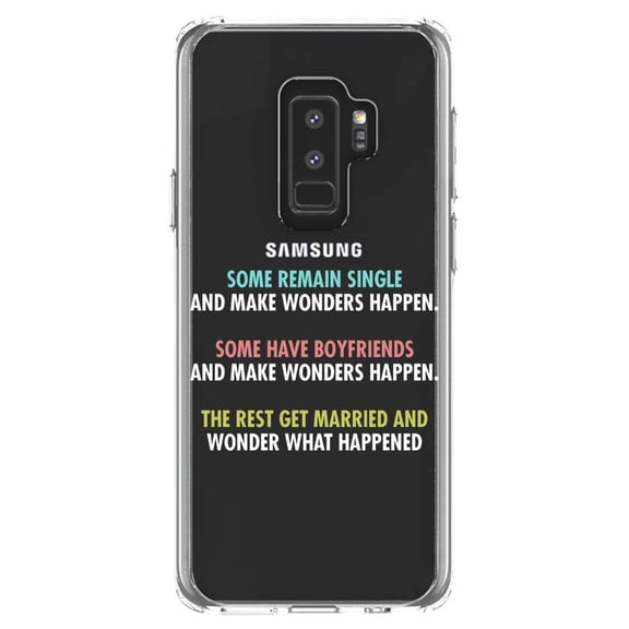 DistinctInk Clear Shockproof Hybrid Case for Samsung Galaxy S9  PLUS (6.2" Screen) - TPU Bumper Acrylic Back Tempered Glass Screen Protector - Some Single, Some Boyfriends, Rest Married