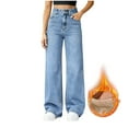 thumbnail image 2 of vigerkar Fleece Lined Straight Leg Jeans for Women,High Waisted Wide Leg Loose Microelastic Boyfriend Denim Pants (Light Blue, M), 2 of 9