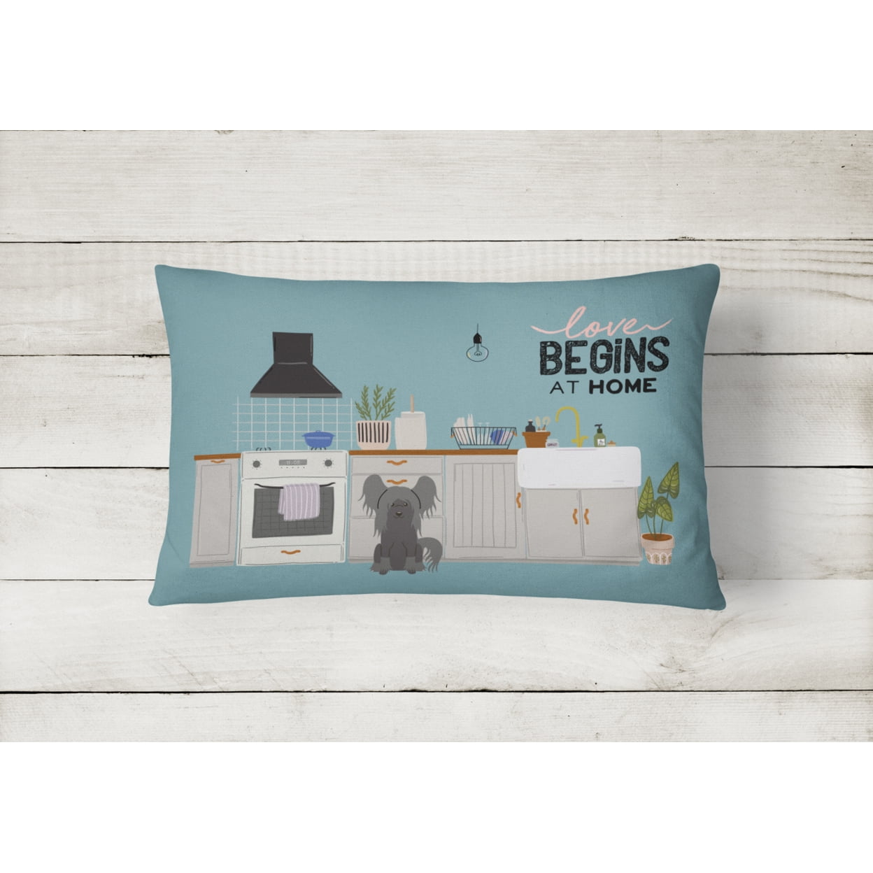 Black Chinese Crested Kitchen Scene Canvas Fabric Decorative Pillow
