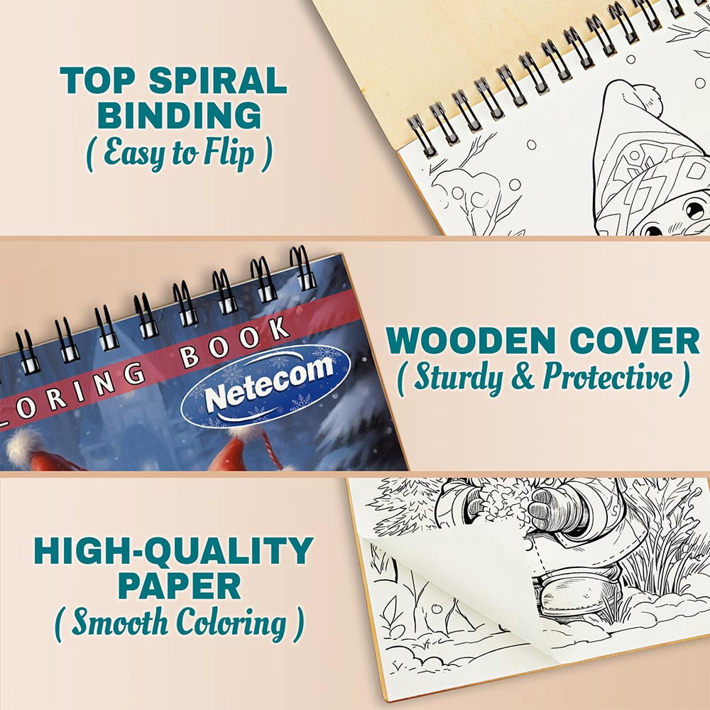 Netecom Winter Gnomes Coloring Book Spiral Bound for Adults, A5 Wooden Cover, 30 Delightful Coloring Pages of Gnomes in Winter Activities for Stress Relief and Relaxation