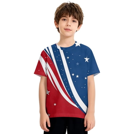 Abcomgle Kids Boys Blouses & Button-Down Shirts Short Sleeve Patriotic Tee Tops 4th Of July Tee Shirts Crewneck Stars and Stripes Print T Shirt Independent Day Shirts