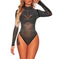 thumbnail image 1 of Women's Black Iridescent Silver Rhinestone Studded Mock Neck Bodysuit, 1 of 4