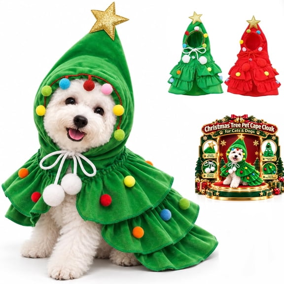 Christmas Tree Pet Cloak Costume for Dogs and Cats, Dog Christmas Tree Costume Outfit, Green Reindeer Hooded Cape, Plush Fabric, Adjustable Tie for Small Cats Puppy