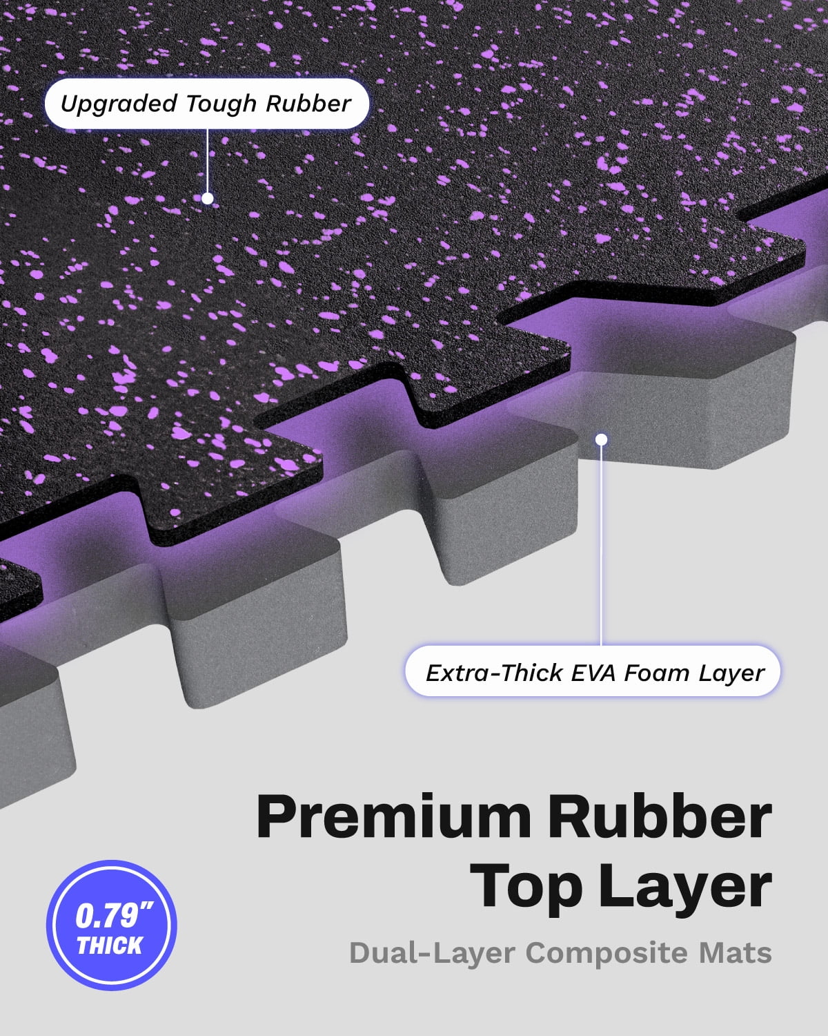 AIRHOP 0.79in Thick 72 Sq Ft Exercise Equipment Mats, 18 Tiles Upgraded Rubber Top with High Density EVA Foam, Large Interlocking Puzzle Gym Flooring for Home Gym, Heavy Weight Workout,Black & Purple