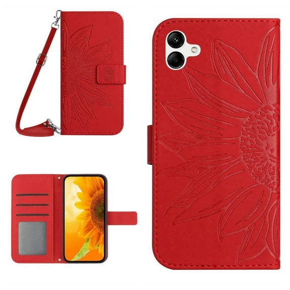For Samsung Galaxy A04 4G Skin Feel Sun Flower Pattern Flip Leather Phone Case with Lanyard