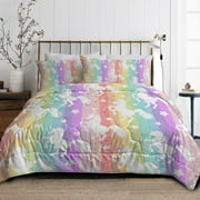 Arightex 4-Pieces Rainbow Unicorn Kids Bedding Comforter & Sham Set, Full/Queen Bed, Rainbow Pink, Girls Bedroom Decor