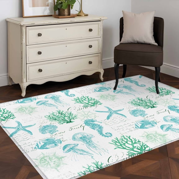 3'x5' Area Rugs, Green Aqua Coastal Indoor Outdoor Area Rug for Living Room Bedroom, Nautical Jellyfish Seashells Starfish Washable Bathroom Rugs Kitchen Floor Carpet Mats Home Decor Aesthetic