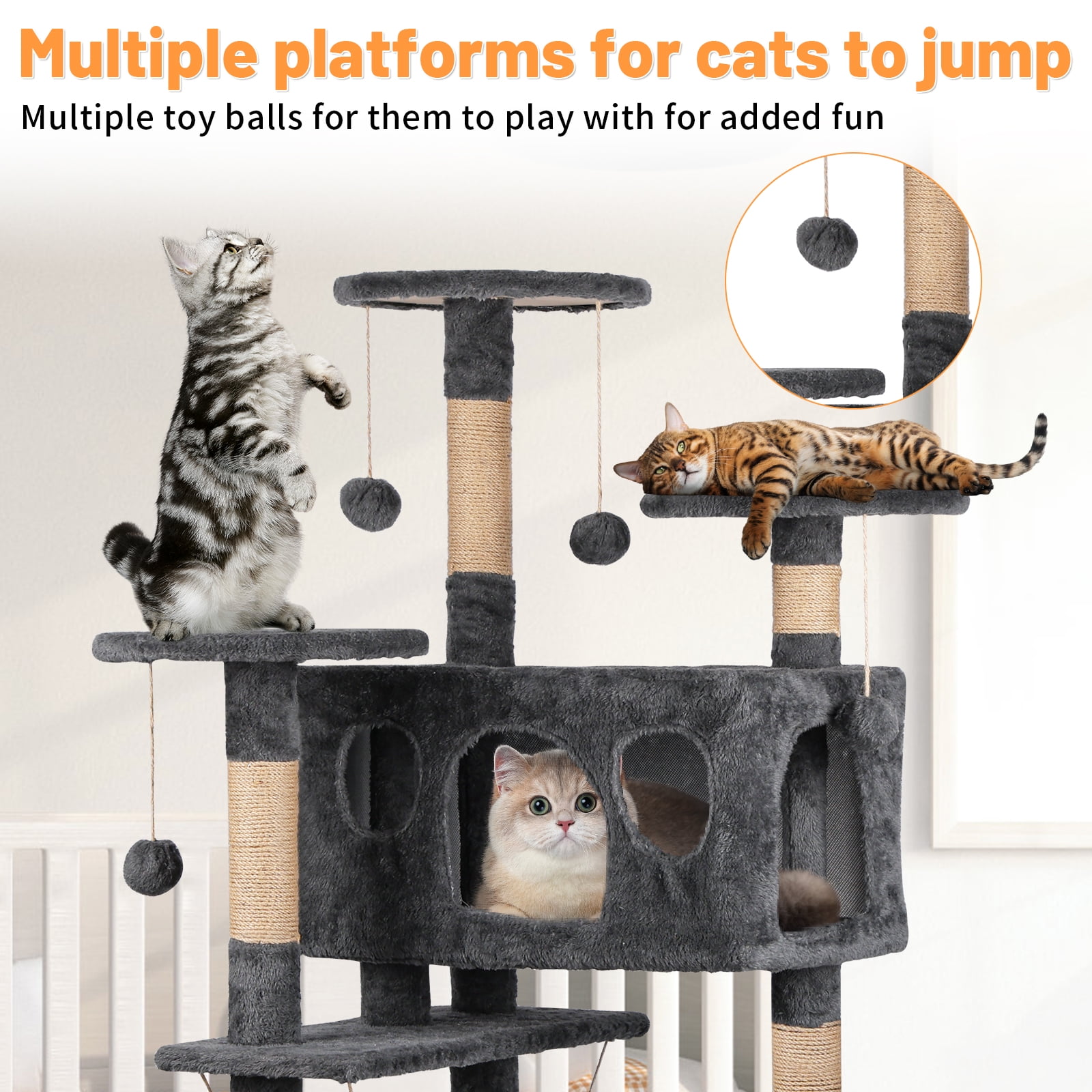 BeauGift Cat Tree, 50-Inch Cat Tower for Indoor Cats, Plush Multi-Level Cat Condo with 5 Scratching Posts,Dark Gray