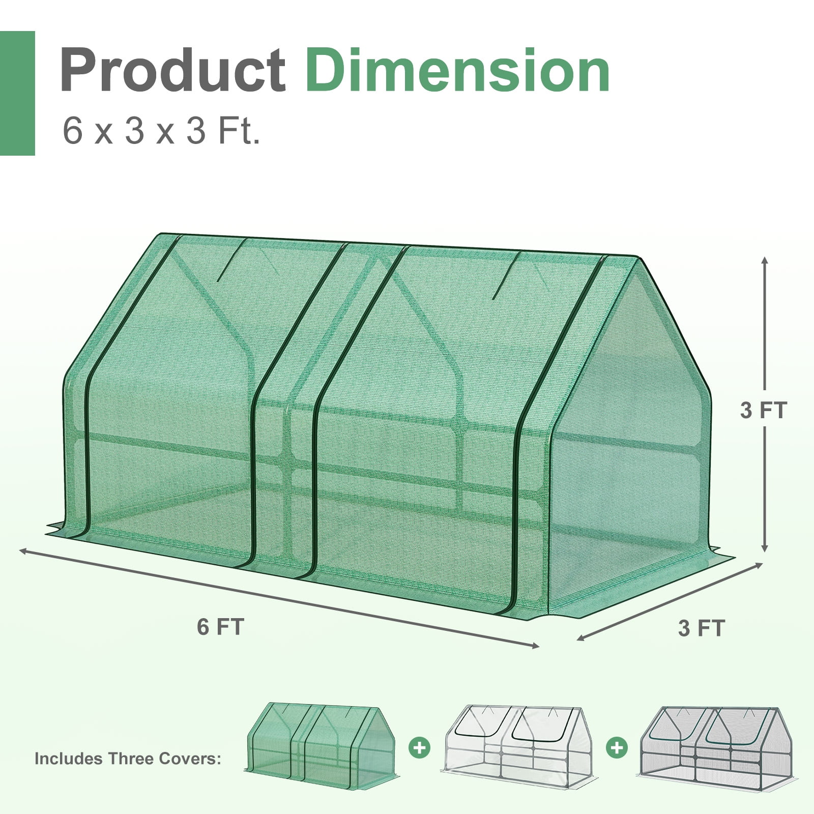 Aoodor 6 ft. x 3 ft. x 3ft. Mini Greenhouse with 2 Zipper Doors, Water Resistant UV Protected for Flowers, vegetables and herbs with 3 Covers