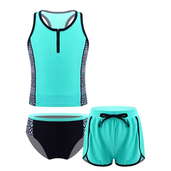 Runhomal 3Pcs Kids Girls Print Swimming Suit - Sleeveless Tops Shorts and Briefs Set Bathing Tankini Mint Green 10