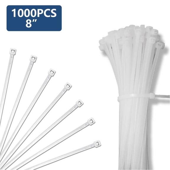 1000pcs 8Inch Nylon Zip Ties, 50 Pounds Tensile Strength, Industrial Grade, White Cable Tie Zip, UV Resistant,Heavy Duty,for Home,Garden Trellis,Office,Garage and Workshop